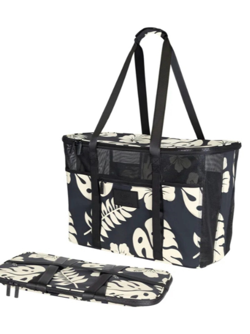 NEW CleverMade Aloha Collapsible Beach Tote Black White Tropical Mesh Zip (1)